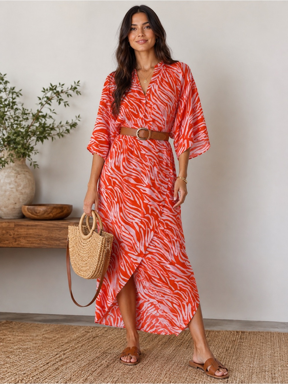 CAbi Coral and Light Pink Zebra Wrap Maxi Dress